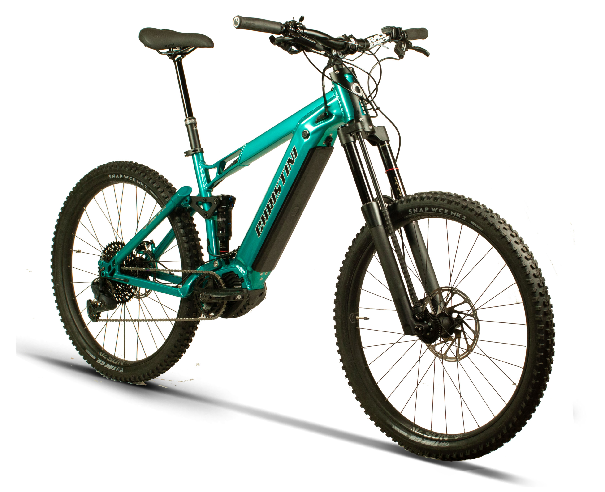 CHRISTINI AWD 29 E full suspension two-wheel drive electric mountain bike in Jamaican Teal